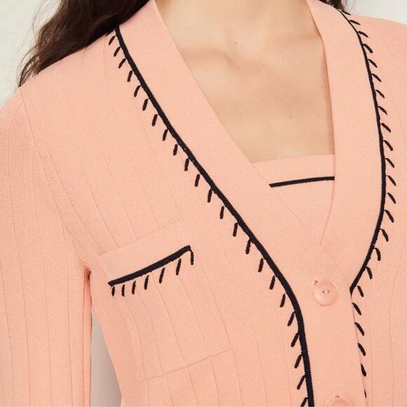 Sandro Paris Embroidered Knit Cardigan | Size M | Salmon Pink, Wool-Blend Knit - Picture 5 of 10